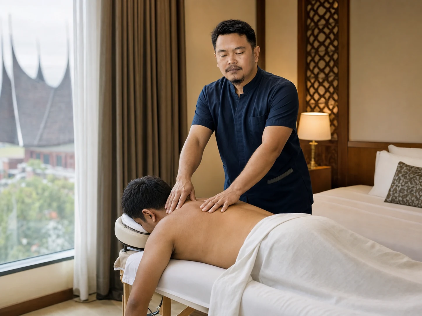 Terapis Pijat Andaleh untuk massage panggilan Bukittinggi melayani pelanggan pria di kamar hotel