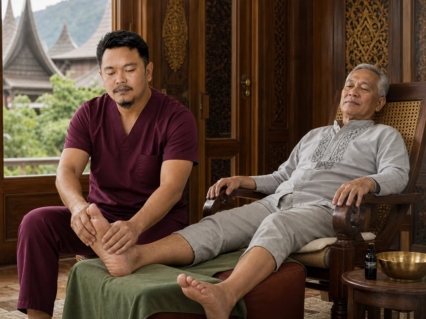 Terapis Pijat Andaleh untuk massage panggilan Bukittinggi memberikan pijat kaki kepada pelanggan pria lanjut usia di penginapan