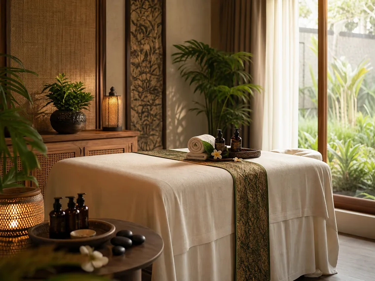 Ruang wellness bernuansa tradisional yang hangat dan tenang